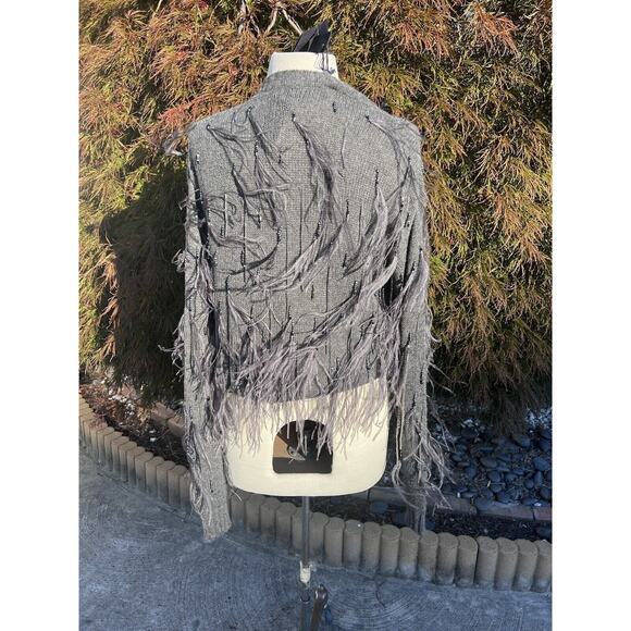 Prada Bead & Feather Embellished Gray Cashmere Cardigan - Picture 3 of 6